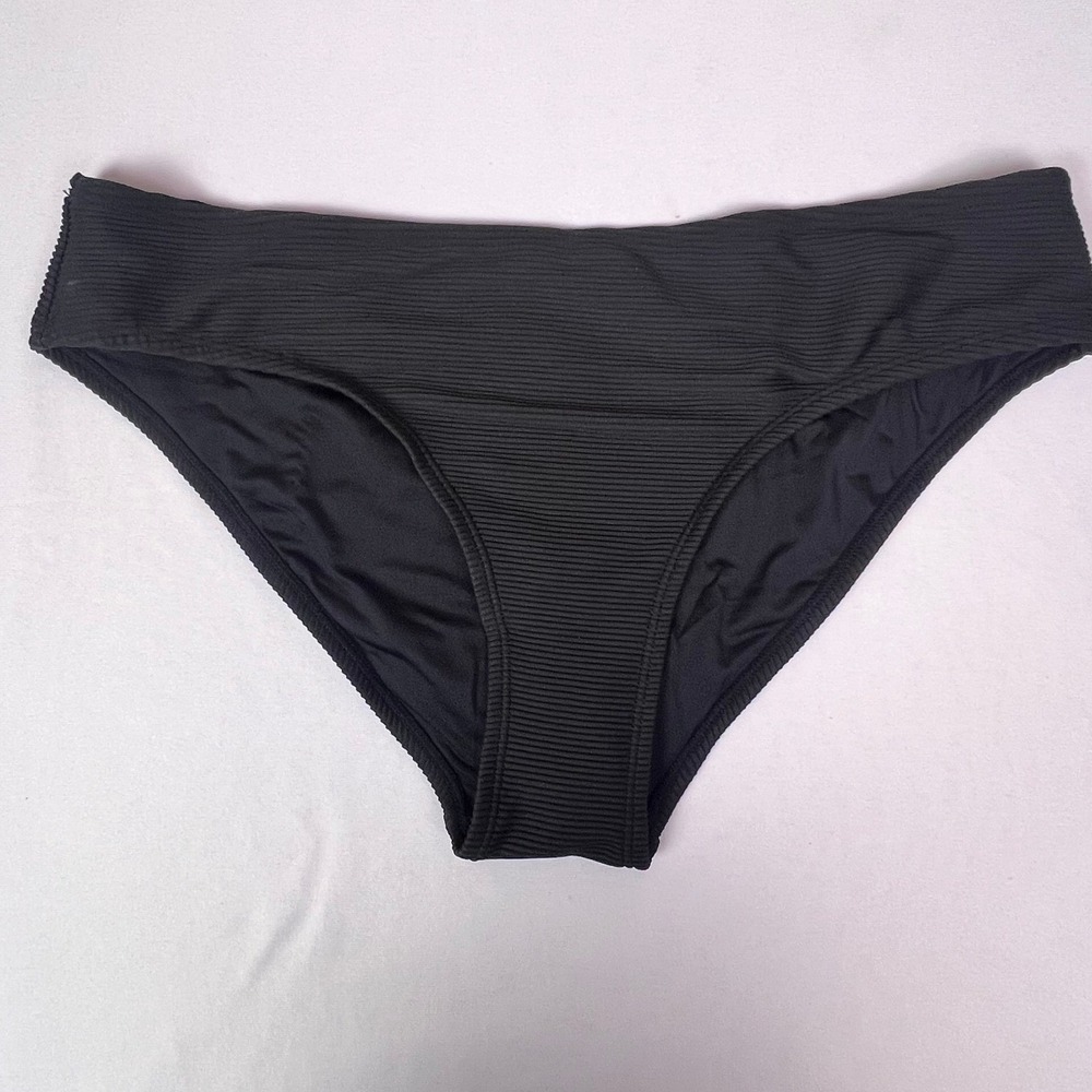 Cupshe Womens Black Ribbed Mid Rise Cheeky Bikini Bottom Size L